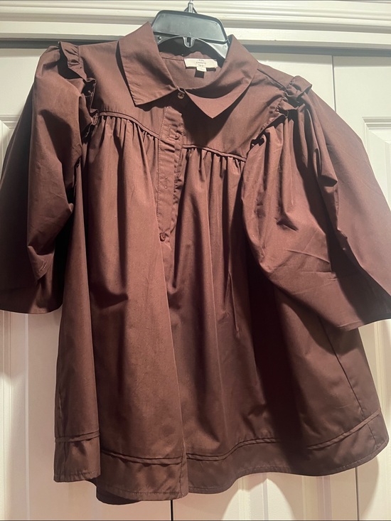 entro Tops - entro Brown Puff Sleeve Button-Front Top
